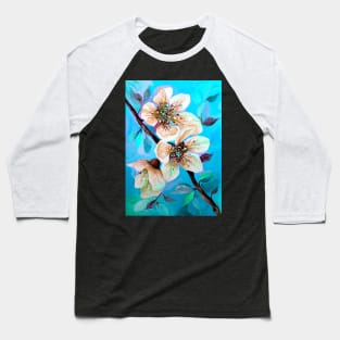 Japanese Sakura Cherry Tree Flowers in Aqua Blue Baseball T-Shirt